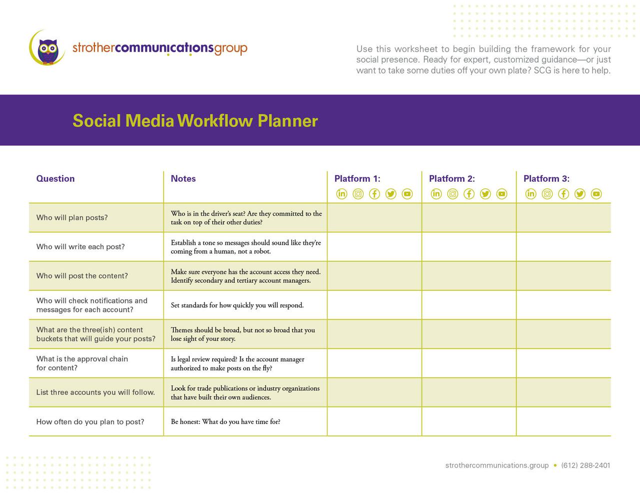 SCG social media worksheet
